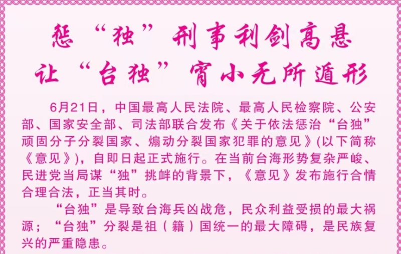 柬埔寨华社联合声明：惩“独”刑事利剑高悬，让“台独”宵小无所遁形