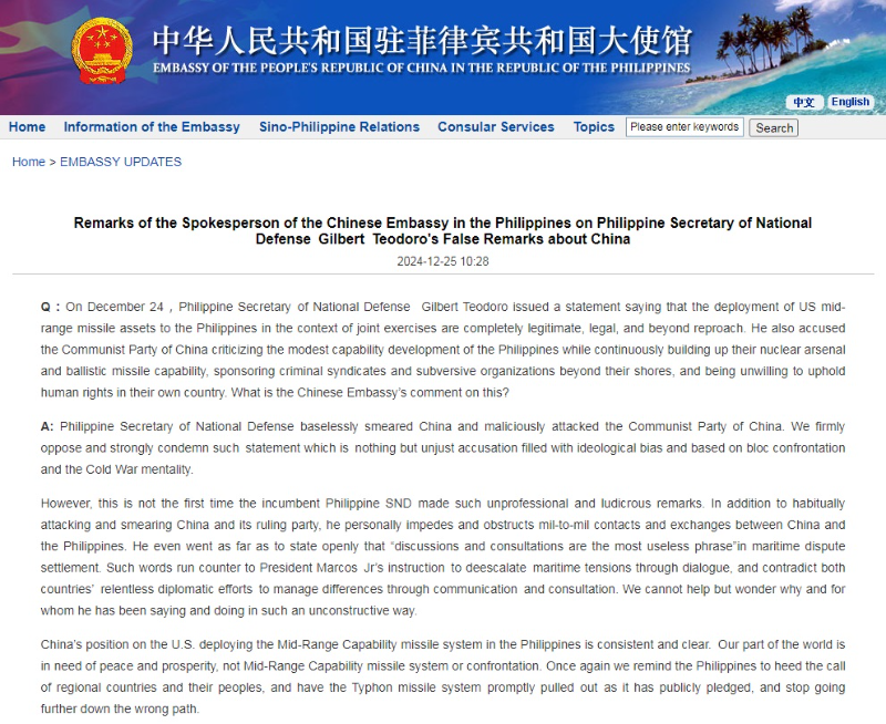 Chinese Embassy in the Philippines strongly condemns Philippine Secretary of National Defense