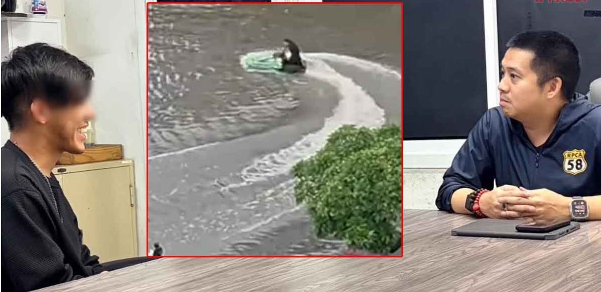 泰国曼谷男子积水路段骑水上摩托艇引热议 涉事者称“想带给大家笑容”
